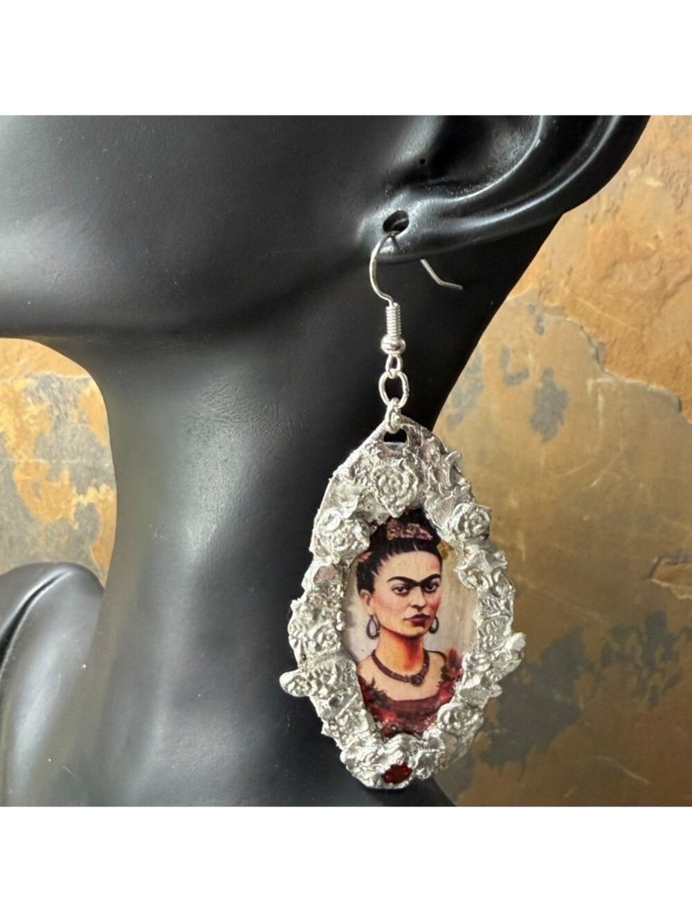 Echoes of Frida: Handcrafted Portrait Drop Earrings w/ Hessonite & Black Garnet - Picture 3 of 16